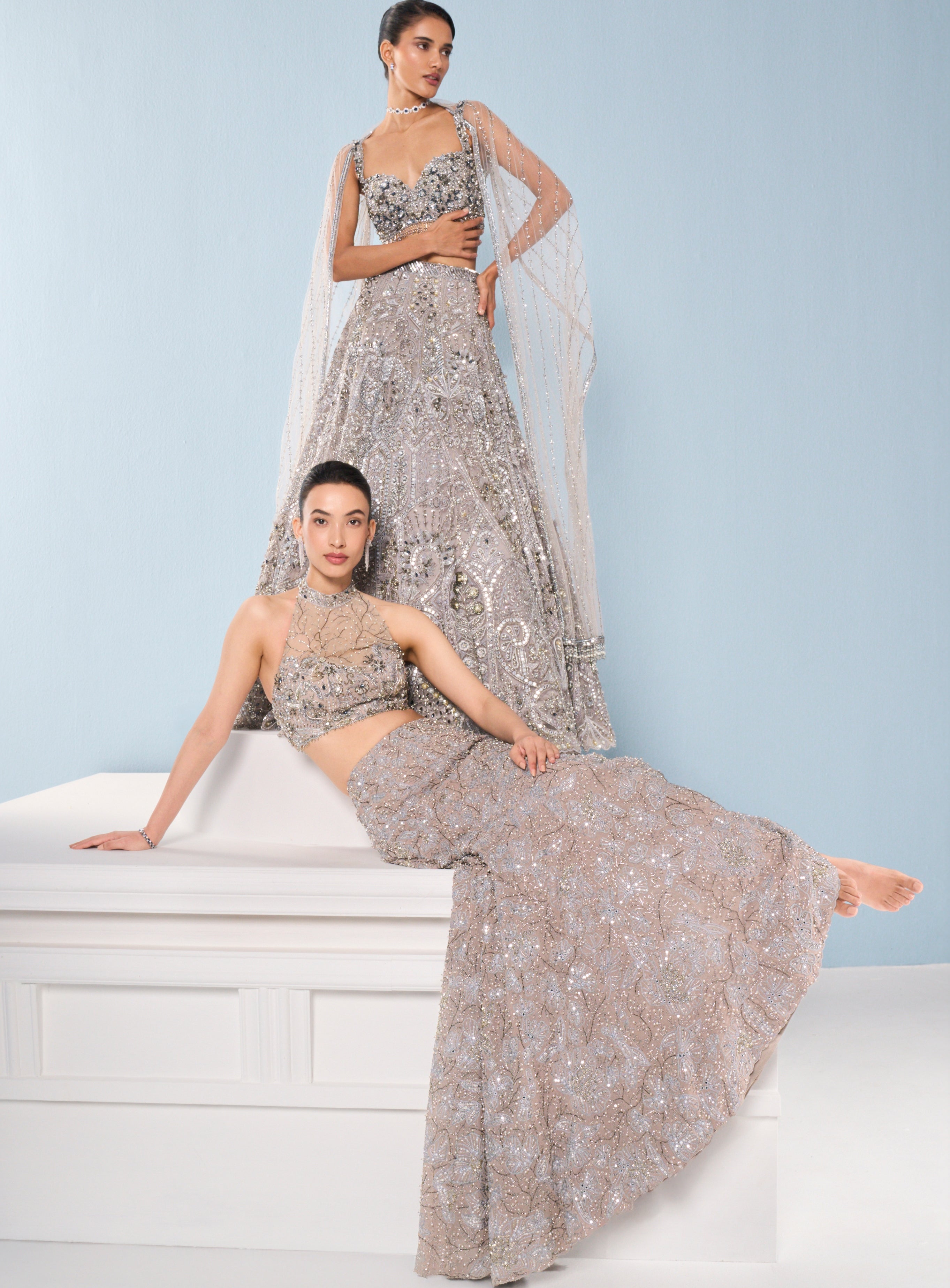 Grey Tulle Fit And Flare Lehenga Set