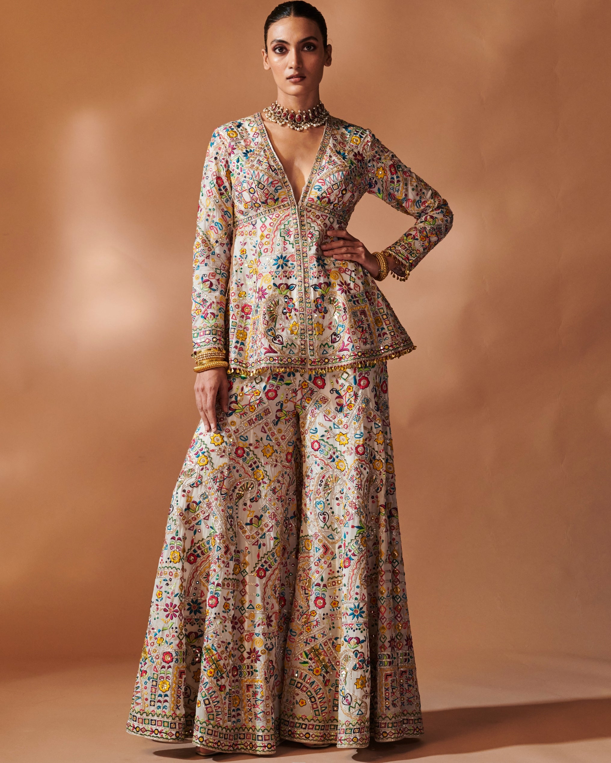 Azra Ivory Peplum Sharara Set