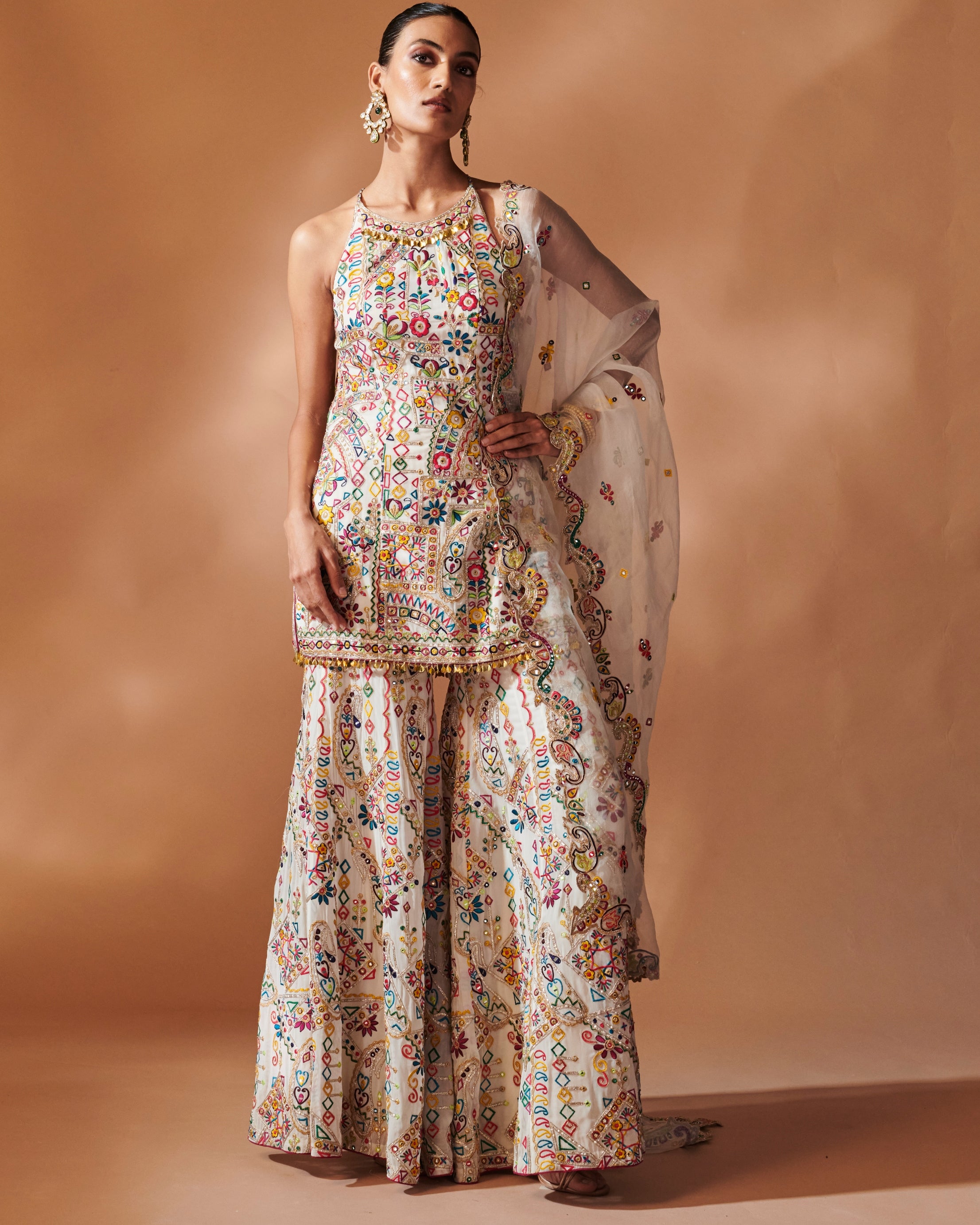 Azra Ivory Sharara And Halter Kurta Set