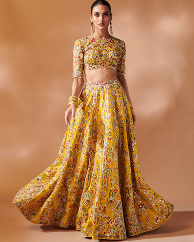 Azra Mustard Lehenga Set With Elbow Length Sleeves