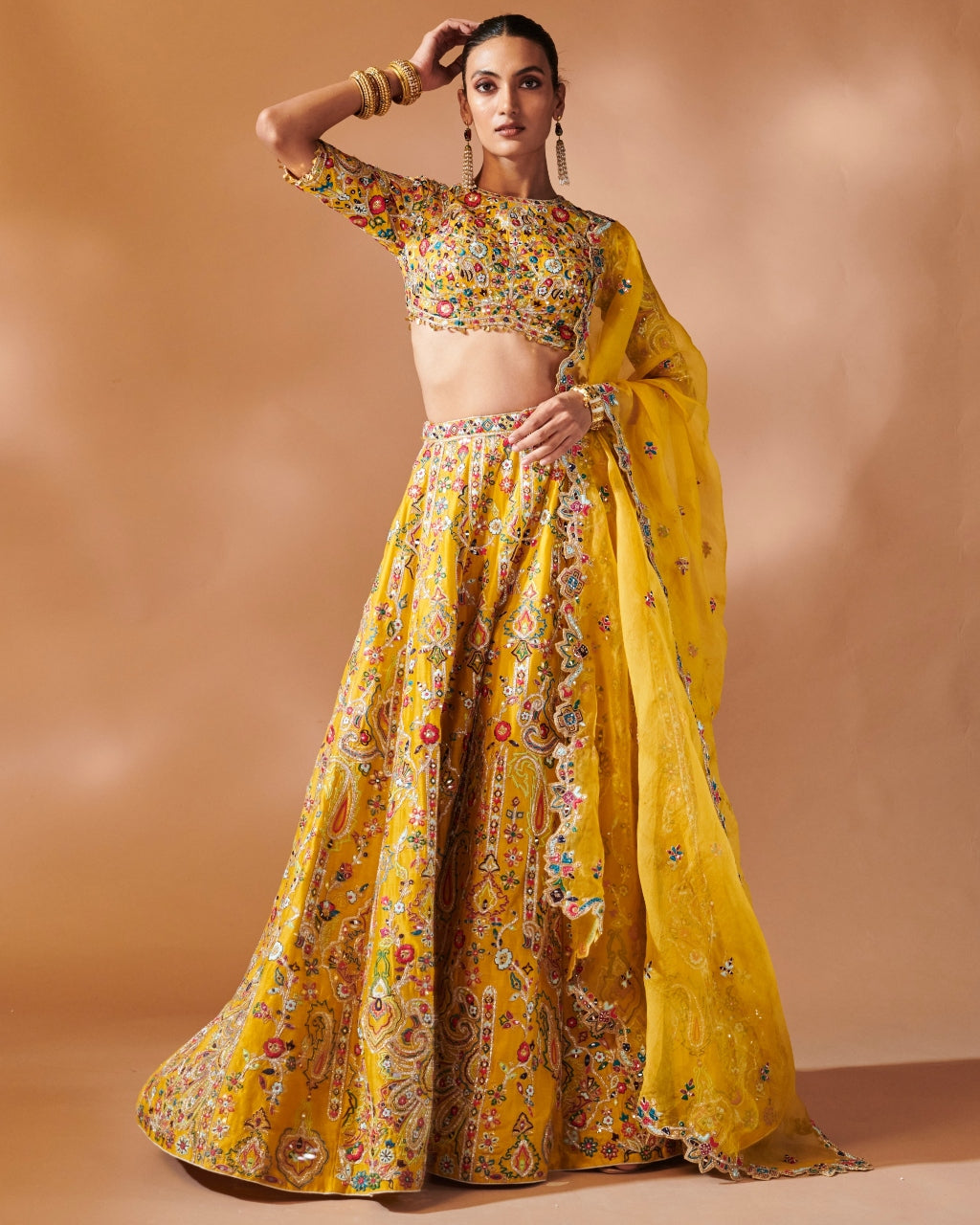 Mustard Lehenga Set With Elbow Length Sleeves