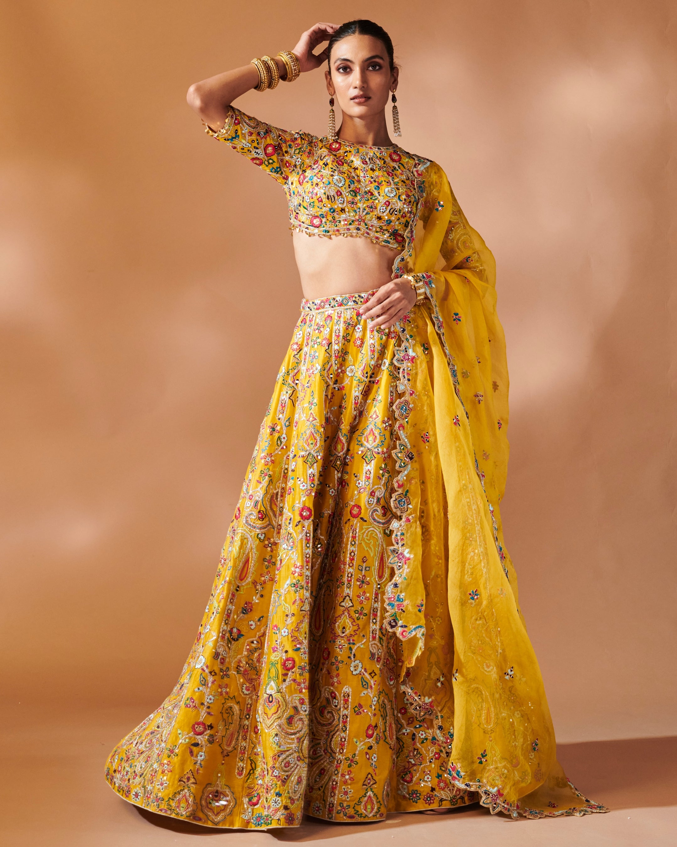 Azra Mustard Lehenga Set With Elbow Length Sleeves