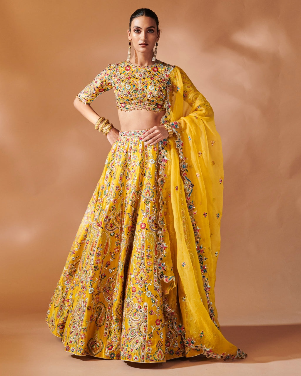 Mustard Lehenga Set With Elbow Length Sleeves