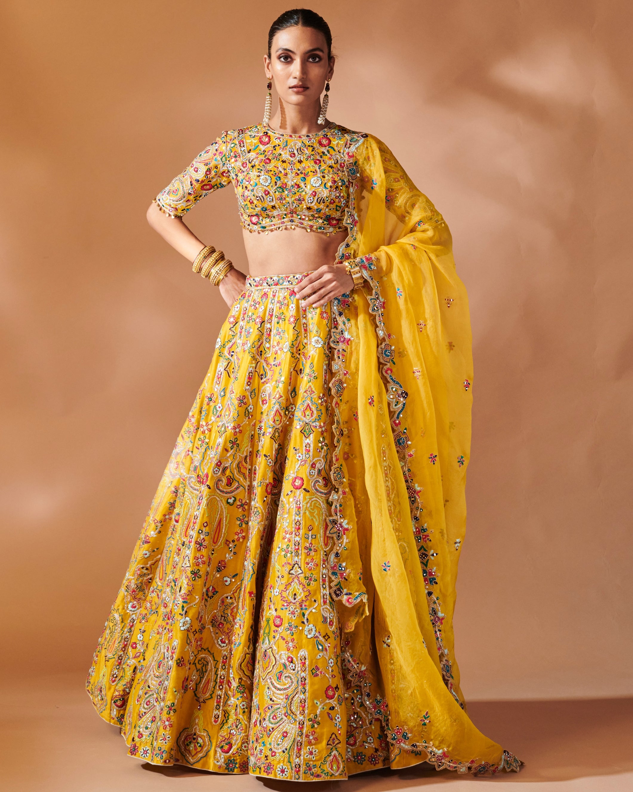 Azra Mustard Lehenga Set With Elbow Length Sleeves