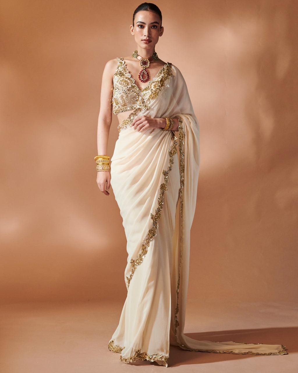 Ivory And Gold Sari Set