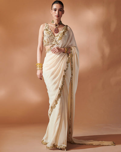 Azra Ivory And Gold Sari Set