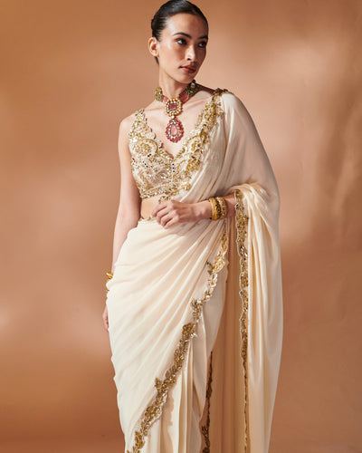 Azra Ivory And Gold Sari Set