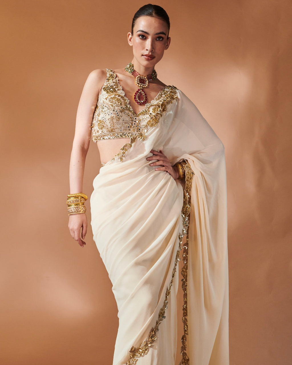 Ivory And Gold Sari Set