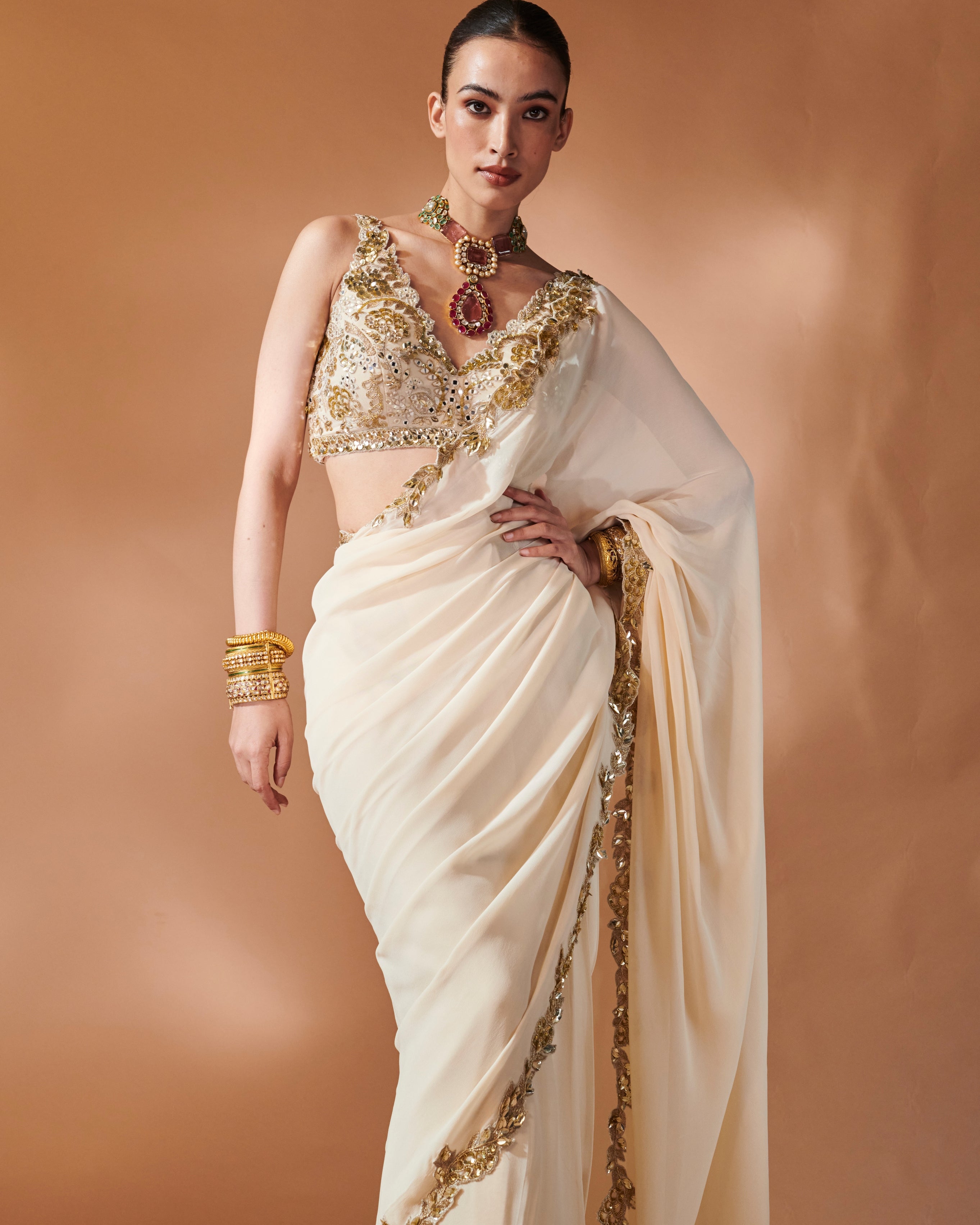 Azra Ivory And Gold Sari Set