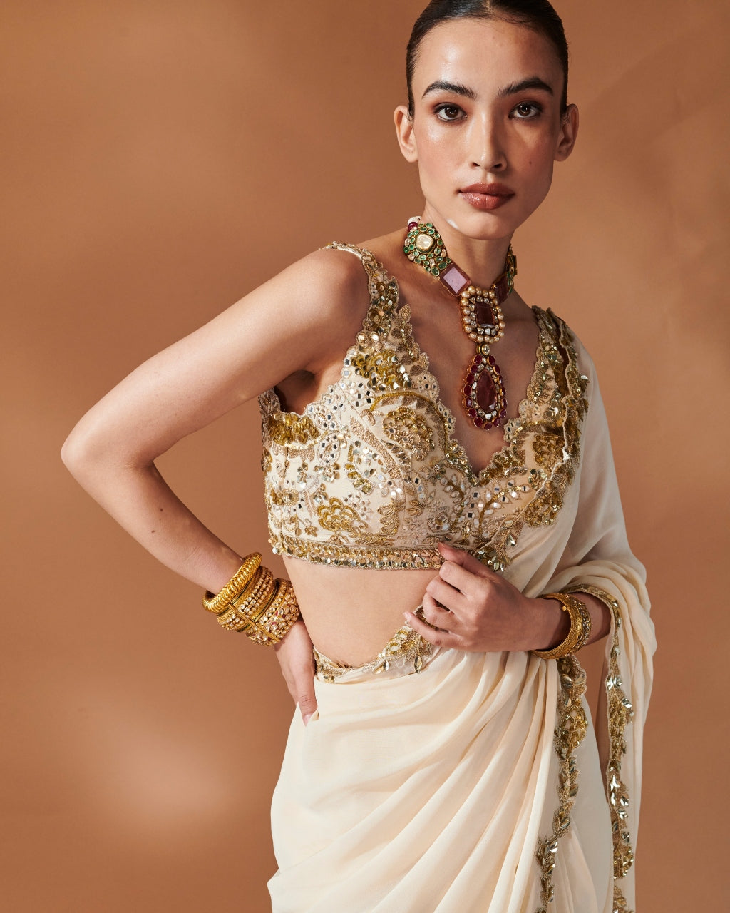 Ivory And Gold Cutwork Sari Set Tamanna Punjabi Kapoor – KYNAH