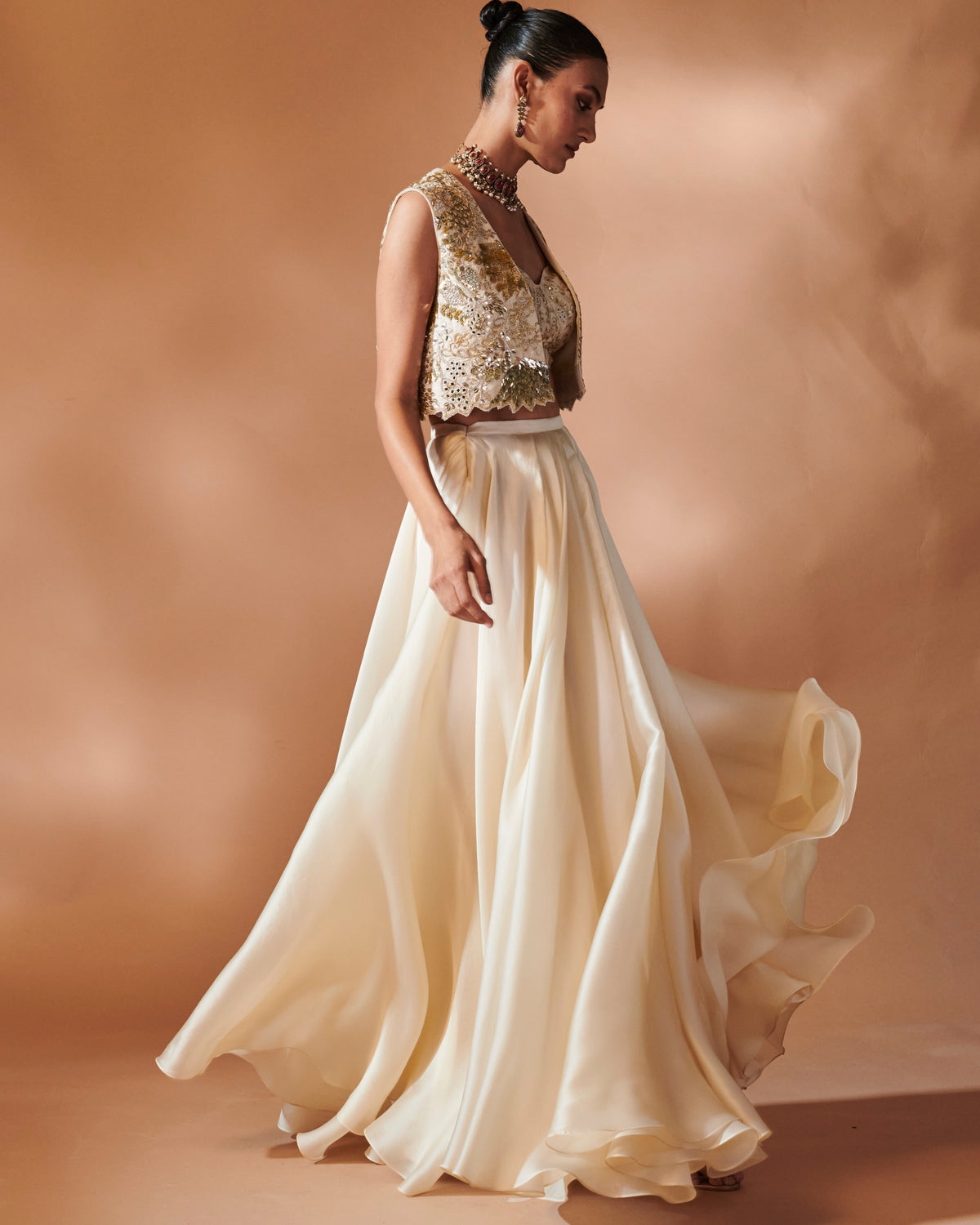 Azra Ivory Organza Skirt With An Embroidered Blouse And Jacket