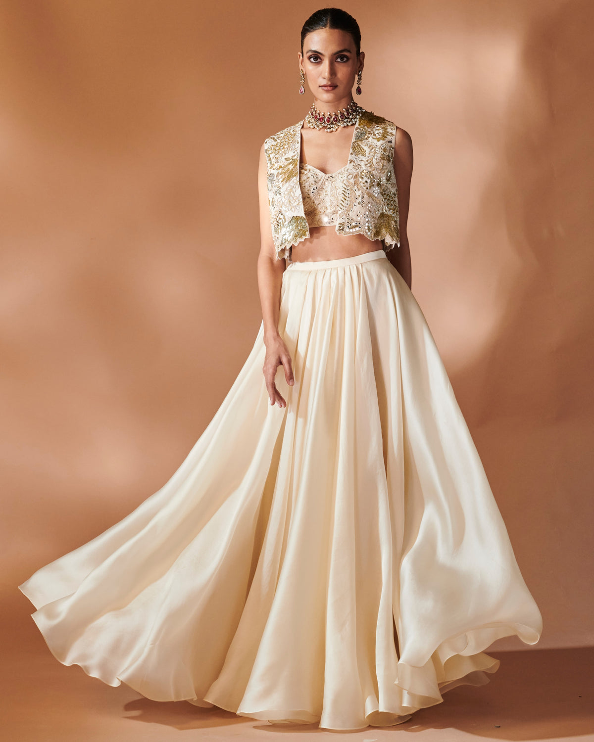 Azra Ivory Organza Skirt With An Embroidered Blouse And Jacket