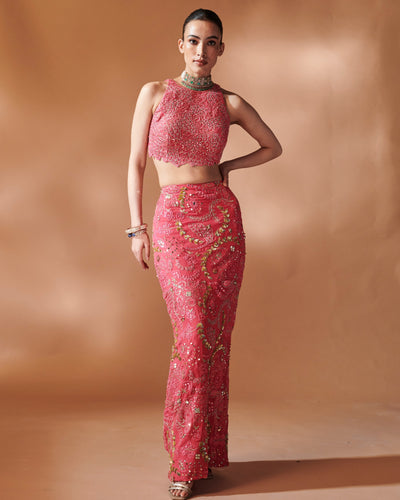 Azra Pink Skirt With An In Cut Blouse