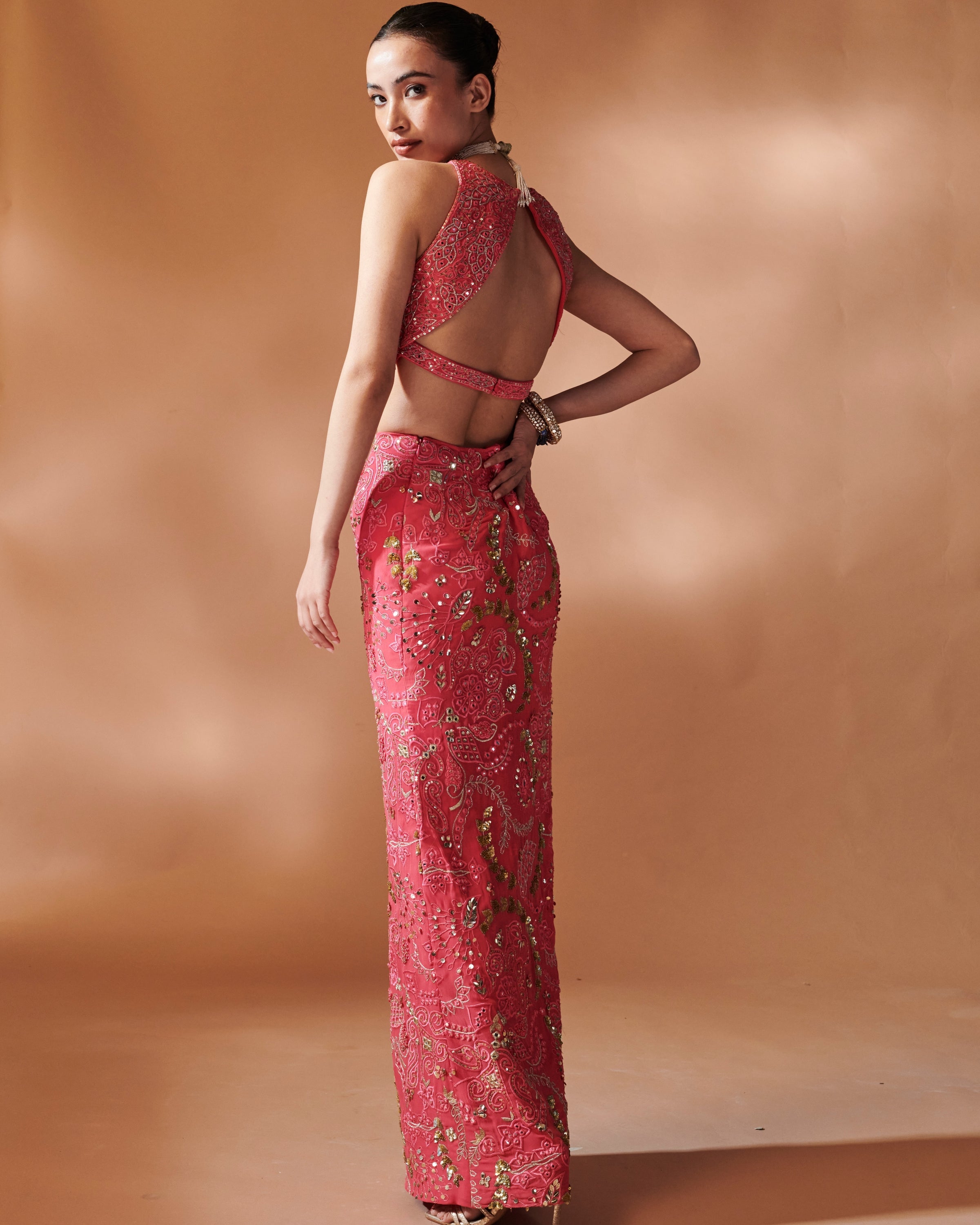 Azra Pink Skirt With An In Cut Blouse