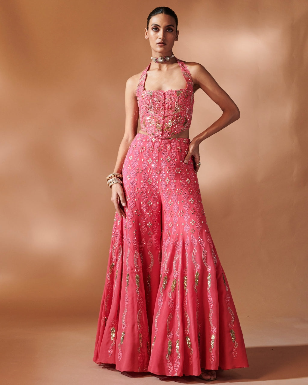 Pink High Waist Sharara With A Corset Blouse