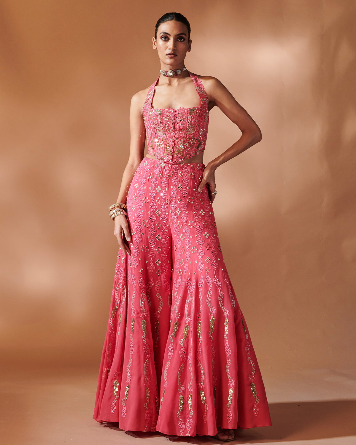 Azra Pink High Waist Sharara With A Corset Blouse