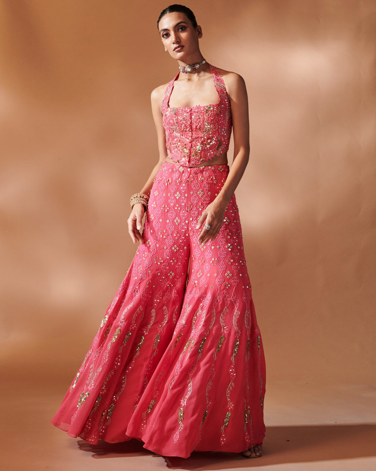 Azra Pink High Waist Sharara With A Corset Blouse
