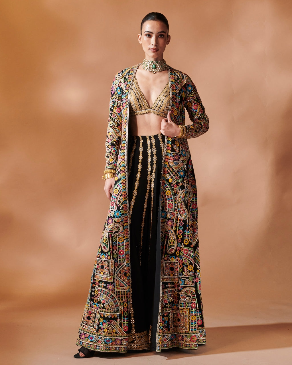 Black Long Embroidered Jacket With A Bustier And Sharara