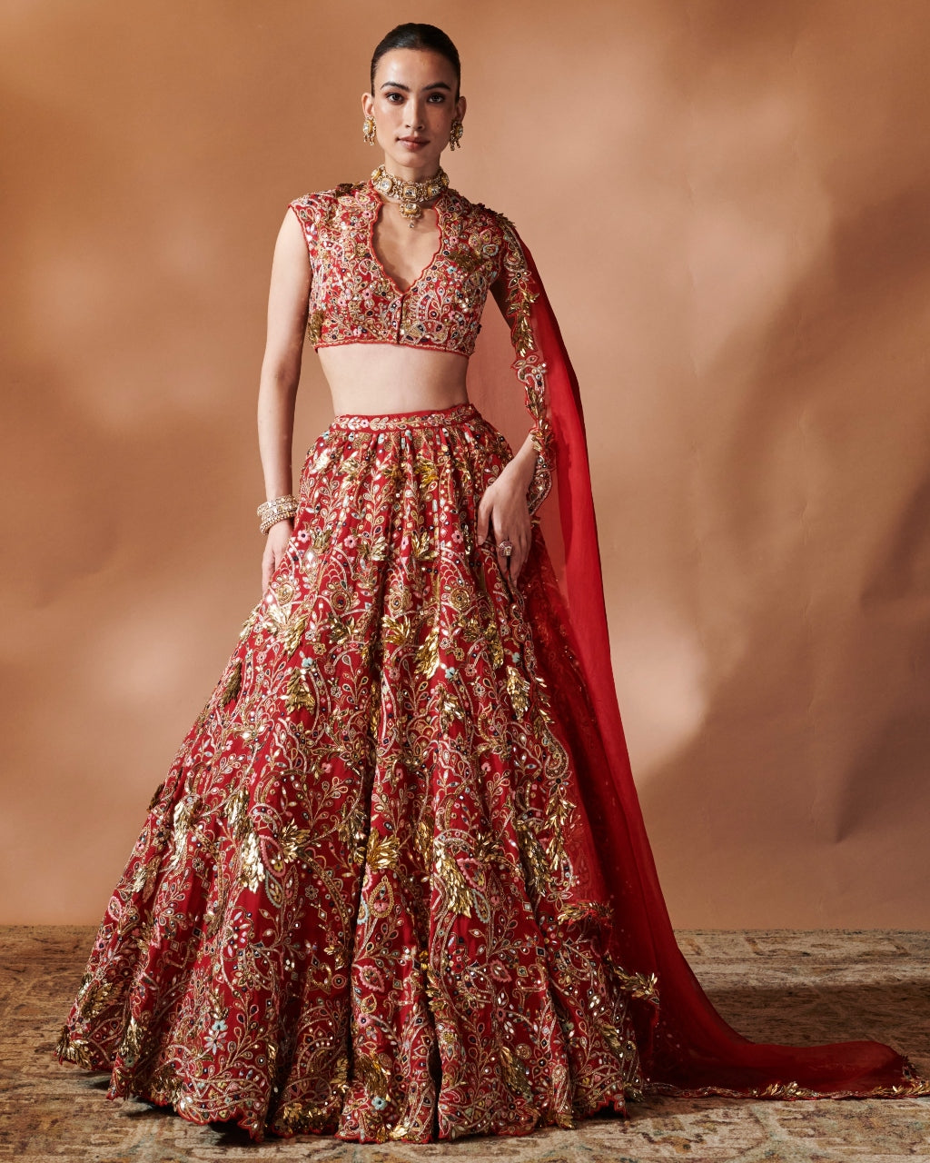 Red Heavily Embroidered Lehenga Set