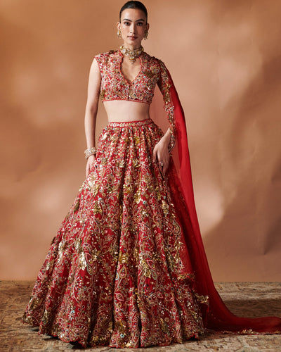 Azra Red Heavily Embroidered Lehenga Set