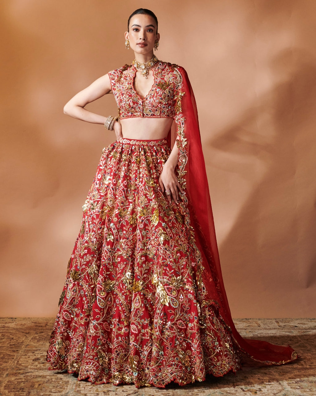 Red Heavily Embroidered Lehenga Set