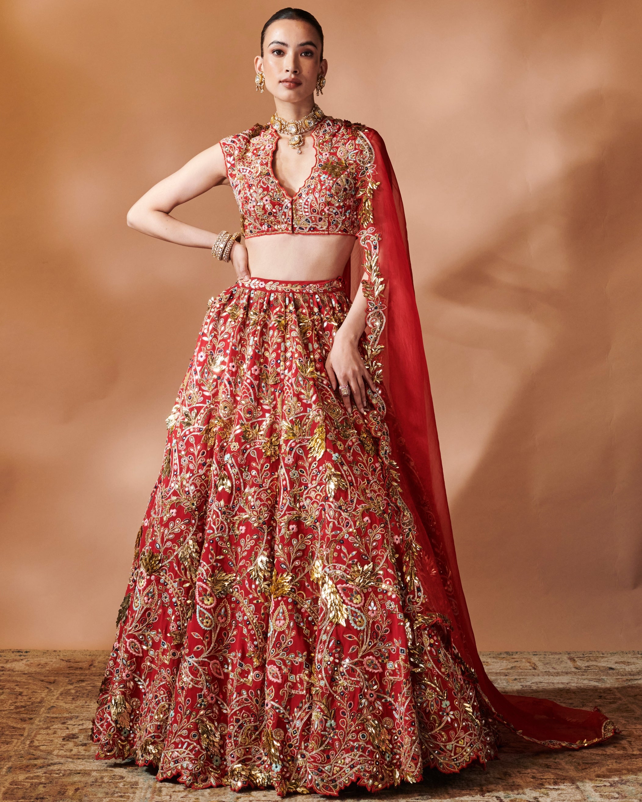 Azra Red Heavily Embroidered Lehenga Set