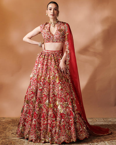 Azra Red Heavily Embroidered Lehenga Set