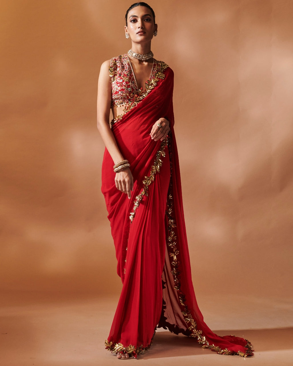 Red And Gold Embroidered Sari Set