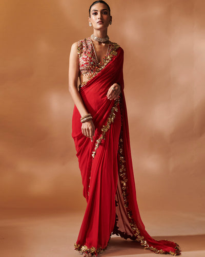 Azra Red And Gold Embroidered Sari Set