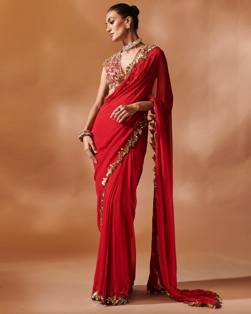 Red And Gold Embroidered Sari Set