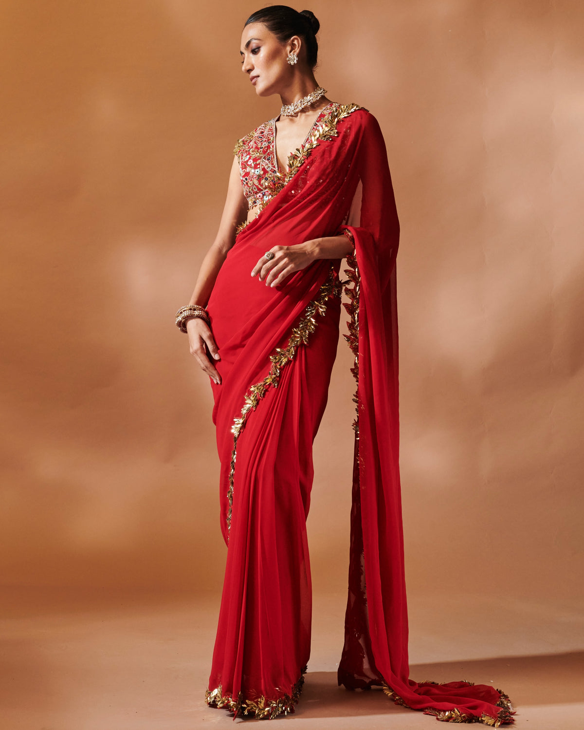 Azra Red And Gold Embroidered Sari Set