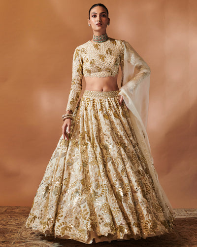 Azra Ivory And Gold Heavily Embroidered Lehenga Set