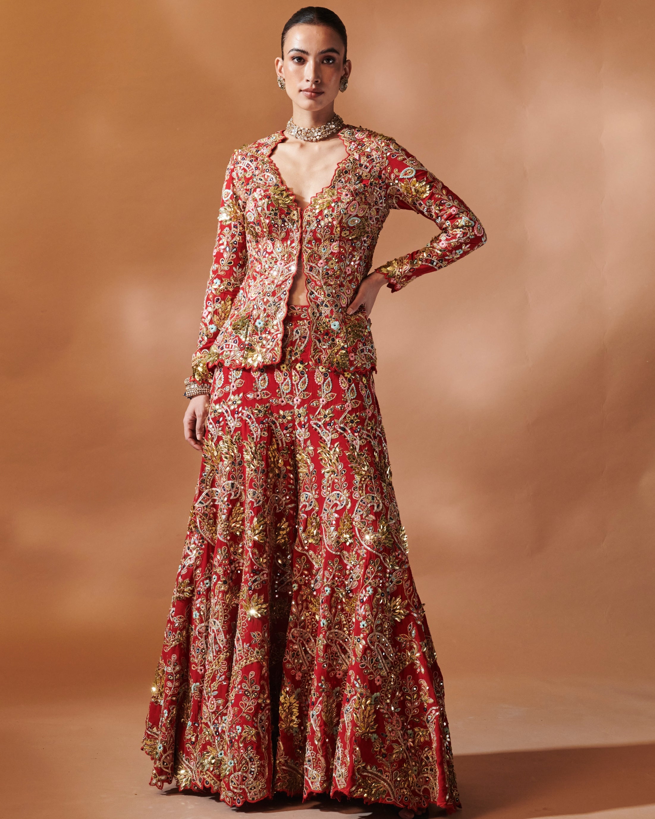 Azra Red Open Jacket With A Sharara