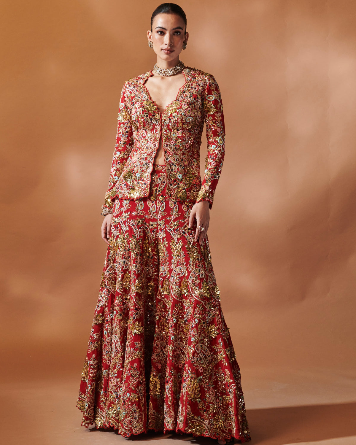 Azra Red Open Jacket With A Sharara