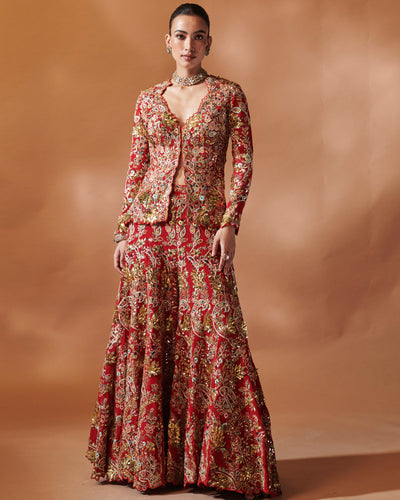 Azra Red Open Jacket With A Sharara