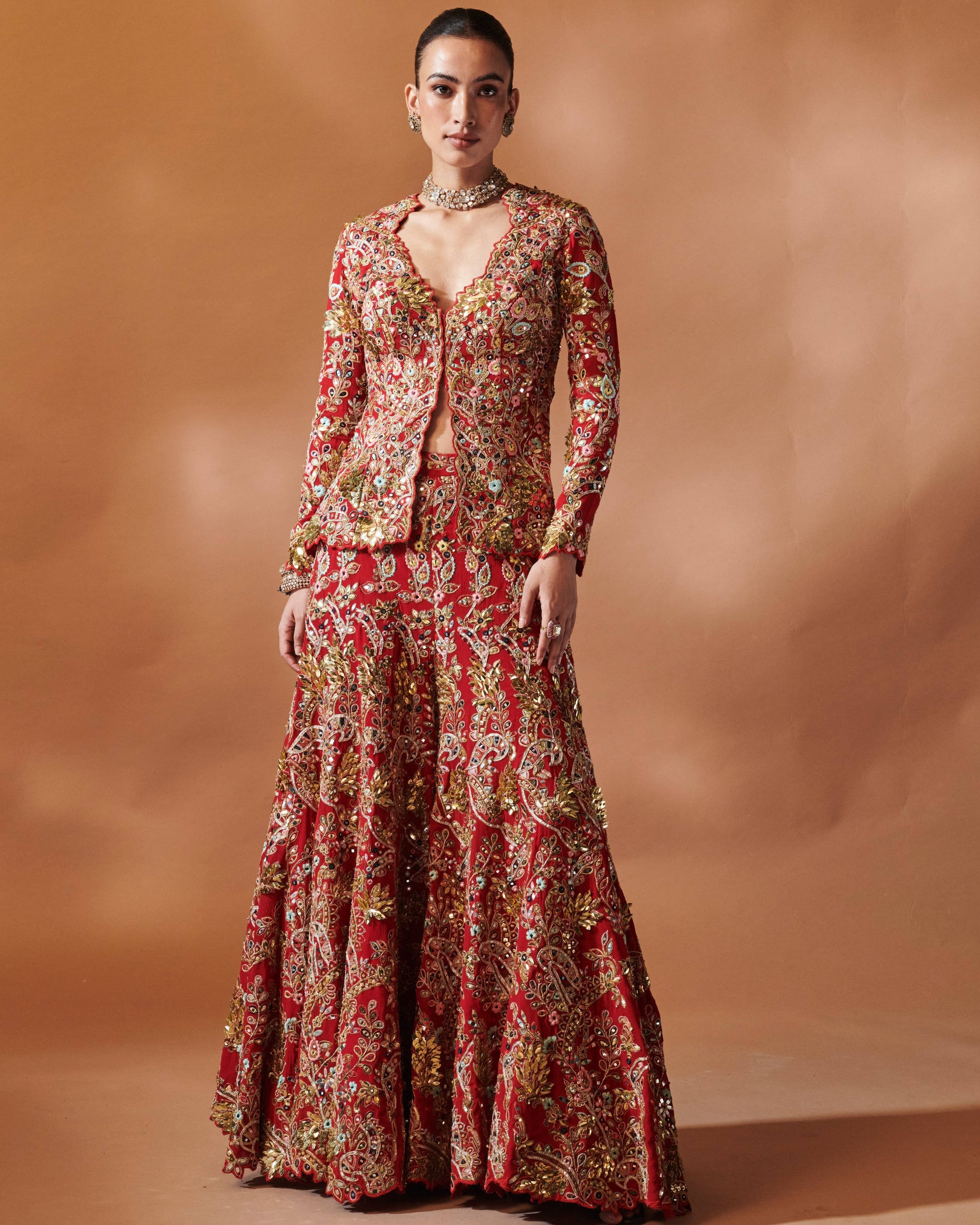 Azra Red Open Jacket With A Sharara