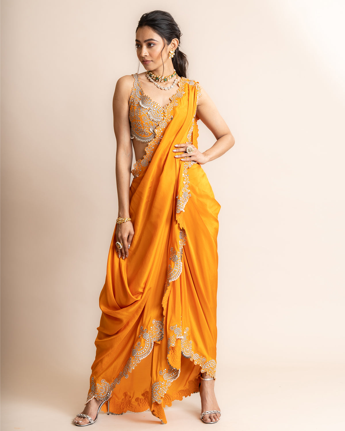 Orange Pre-Draped Sari Bengali Sari Set