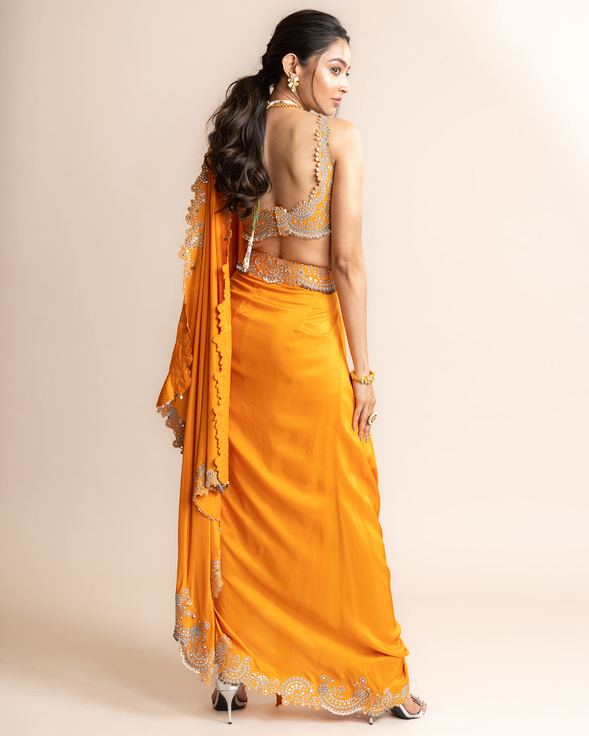 Orange Pre-Draped Sari Bengali Sari Set