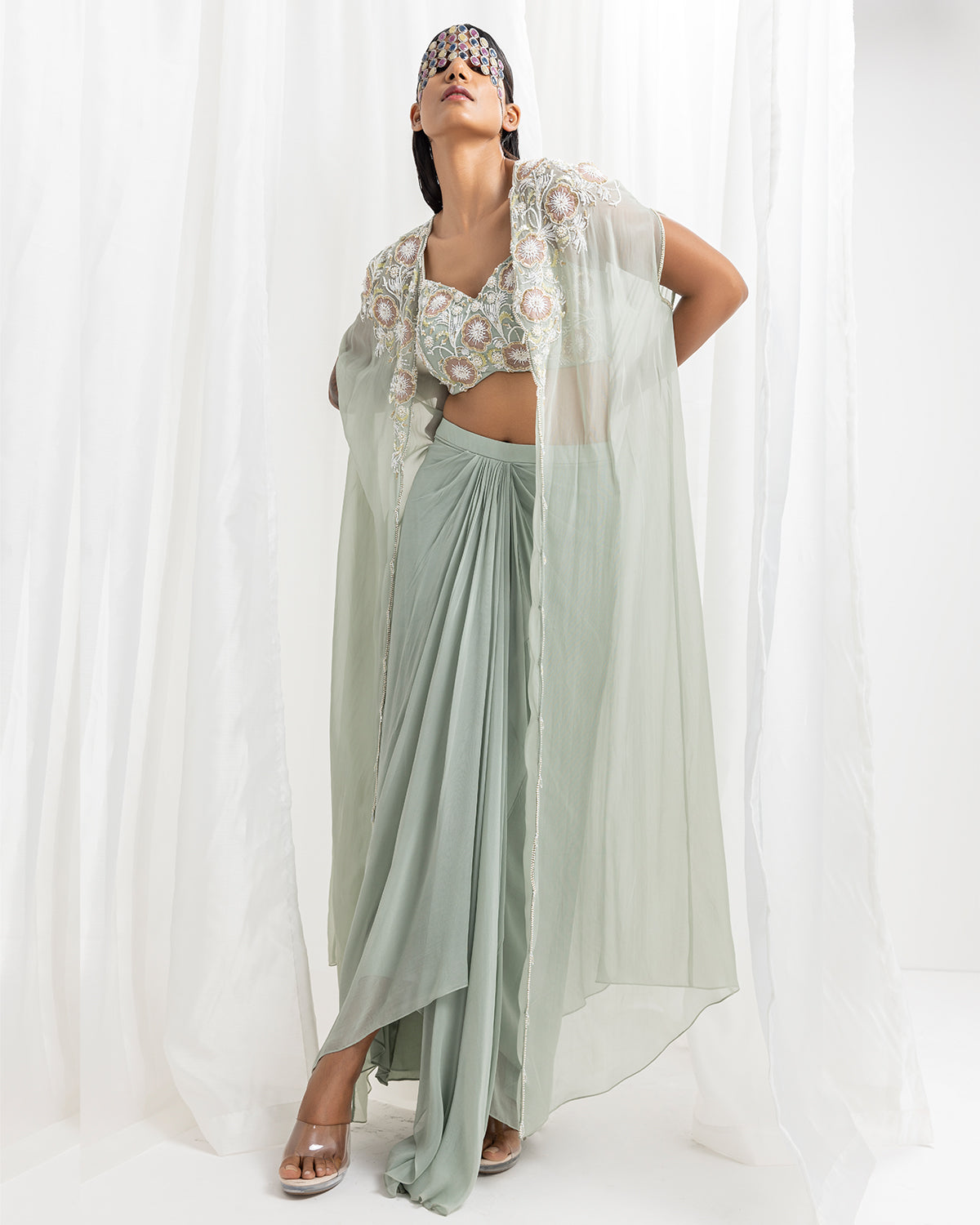 Sage Green Georgette Embellished Draped Skirt Set by Seema Thukral