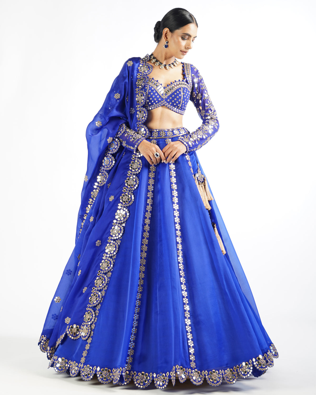 Royal Blue Embellished Blouse And Lehenga Set by  Vvani by Vani Vats