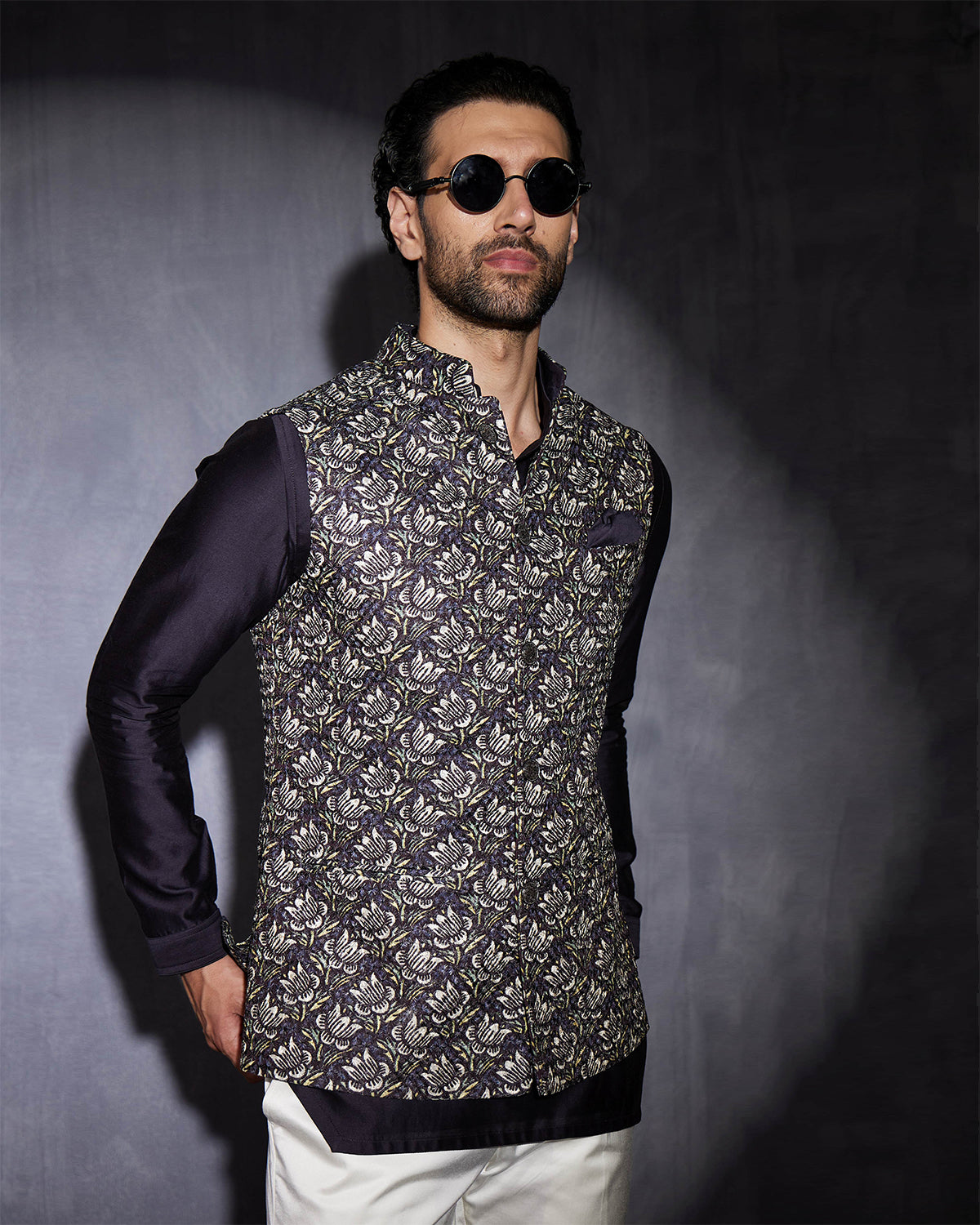 Navy Blue Tropical Kurta Set