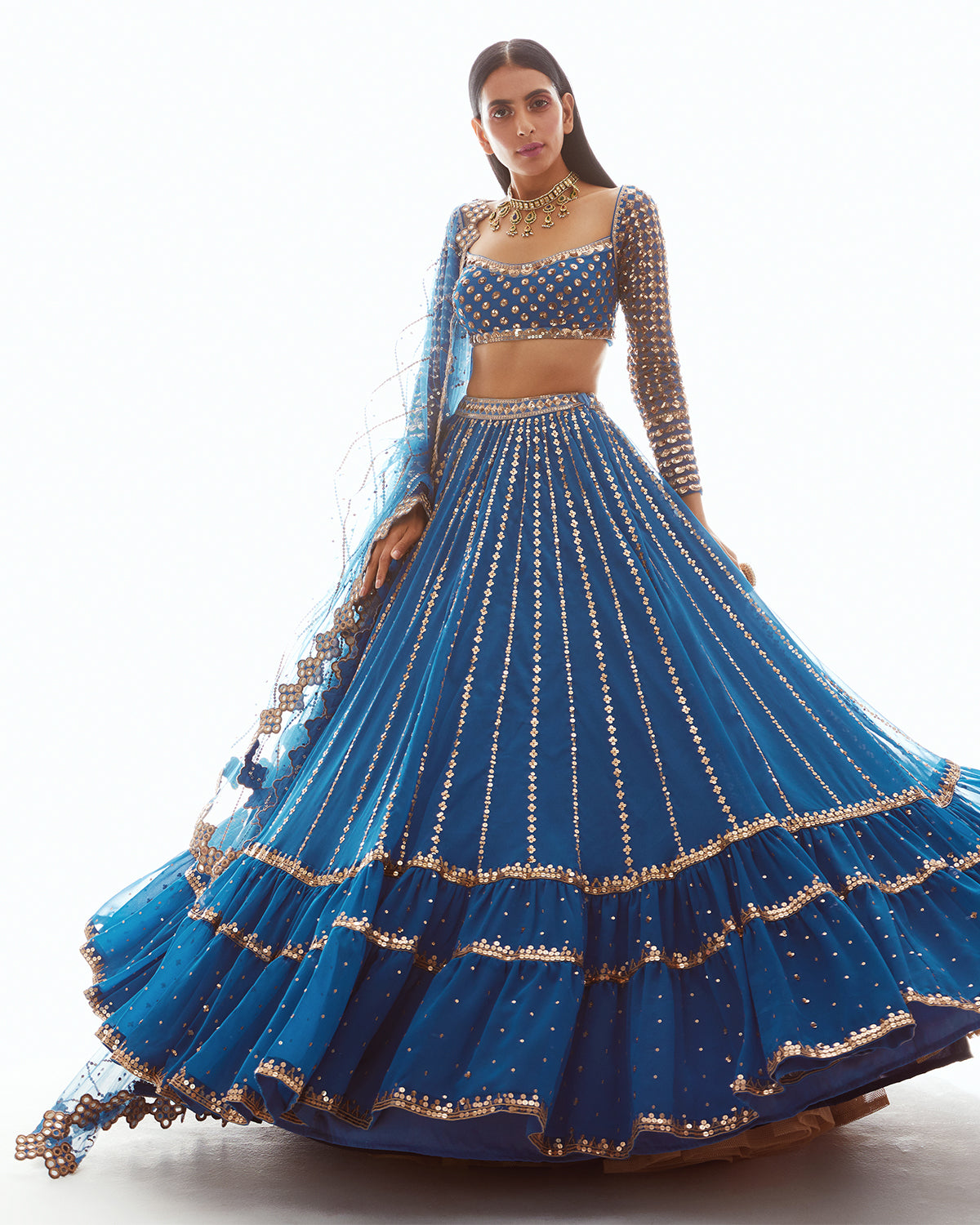 Blue Linear Drop Lehenga Set by Vvani by Vani Vats