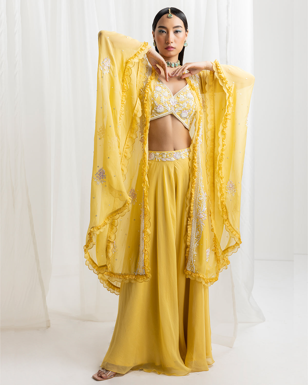 Yellow Organza & Crepe Sharara Set by Seema Thukral