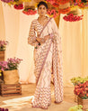 Blush Pink Printed Sari With Cuff Sleeve Blouse by Punit Balana