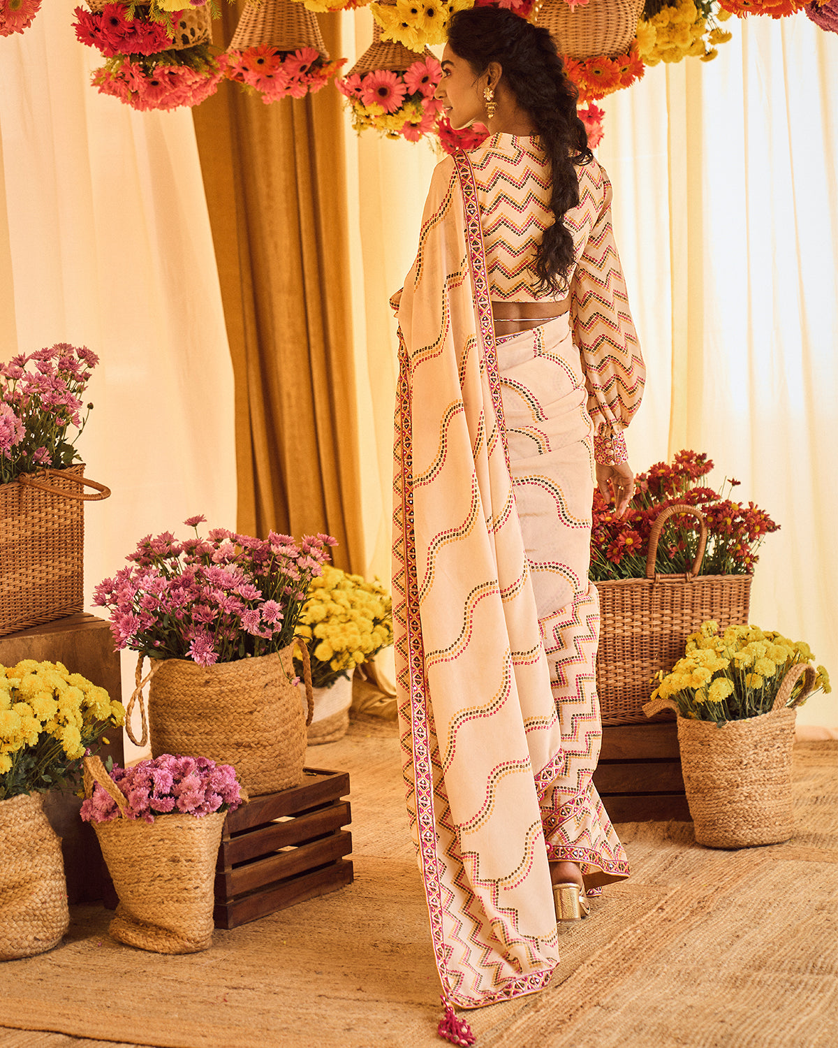 Blush Pink Printed Sari With Cuff Sleeve Blouse