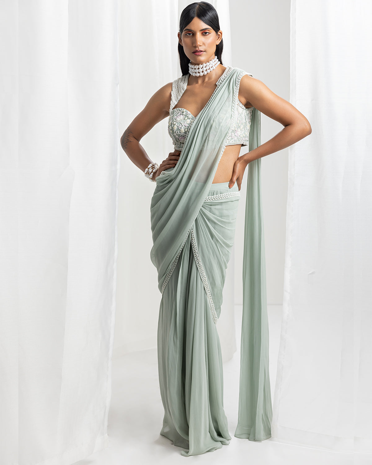Sage Green Embellished Pre-Stitched Sari Set