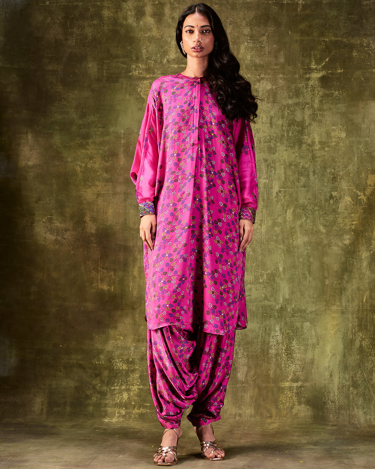 Pink Printed Loose Dress Paired With Cowl Pants by Punit Balana