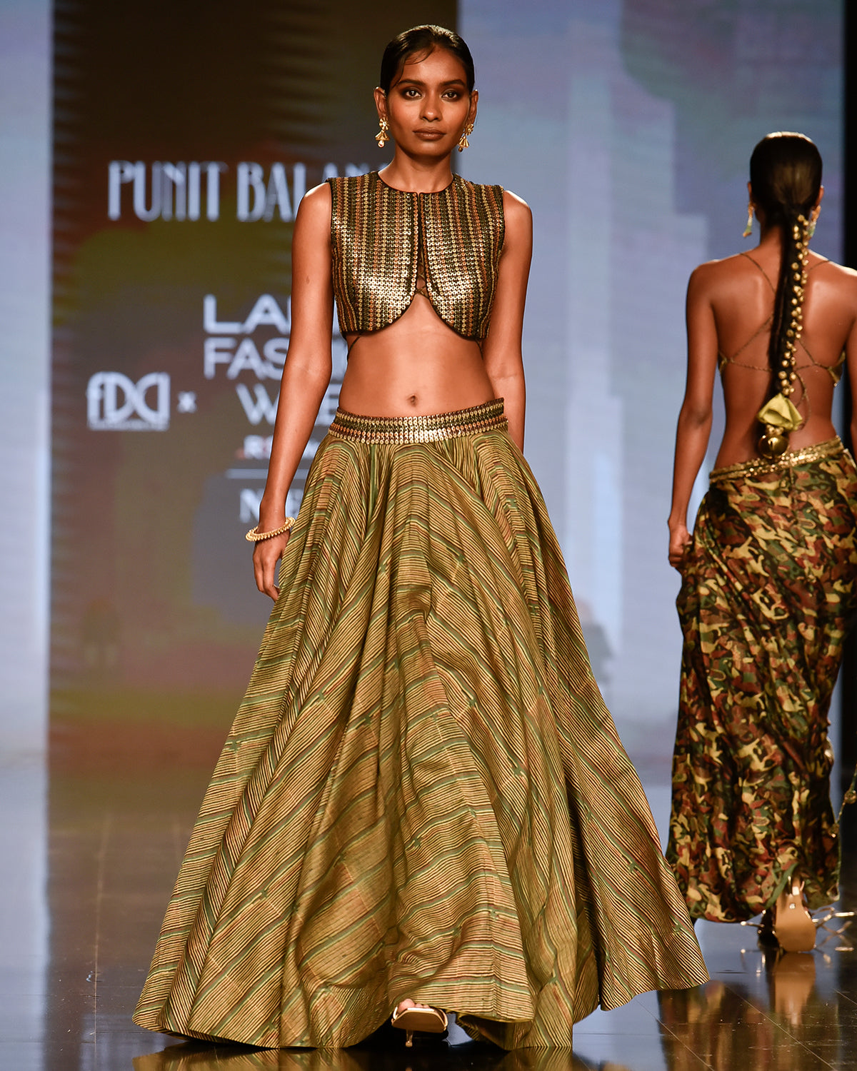 Deep Yellowish-Green Printed Skirt Set by Punit Balana
