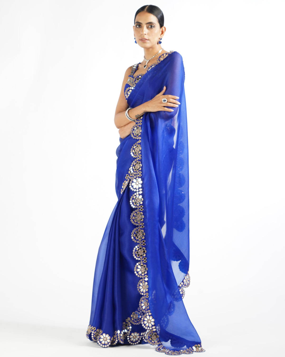 Royal Blue Mirror Scallop Sari Set
