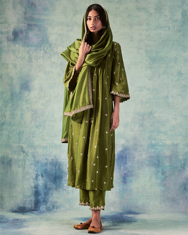 Olive Green Silk Anarkali Set by Punit Balana